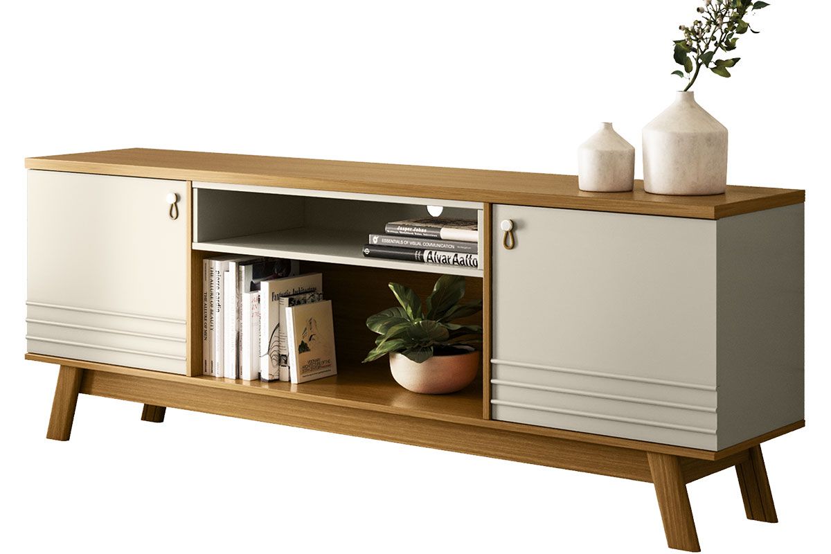 Rack Bancada p/ TV até 75 Pol Colorado 2 Ptas 1 Nicho Pés Retro 180x65cm Linea Brasil