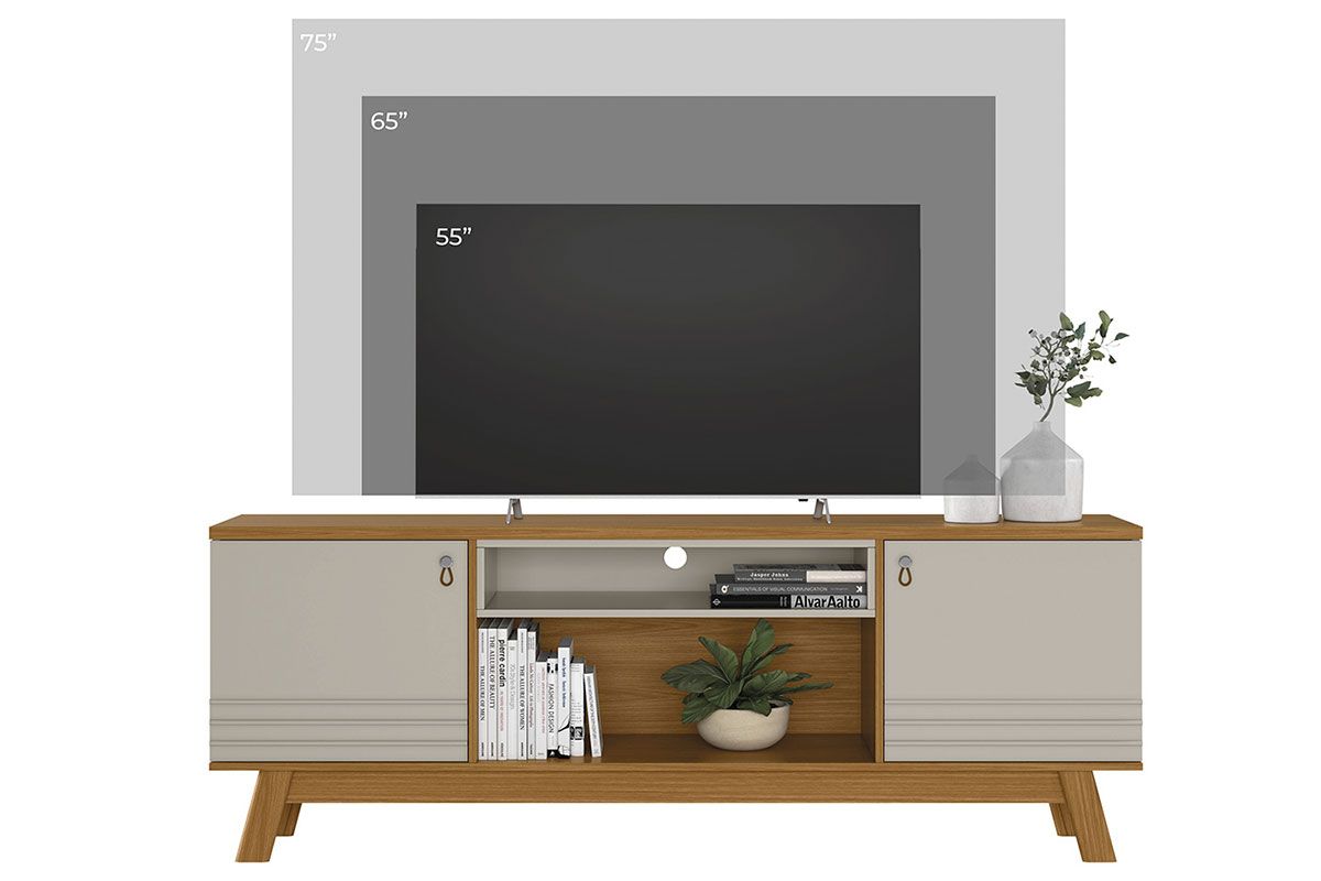Rack Bancada p/ TV até 75 Pol Colorado 2 Ptas 1 Nicho Pés Retro 180x65cm Linea Brasil