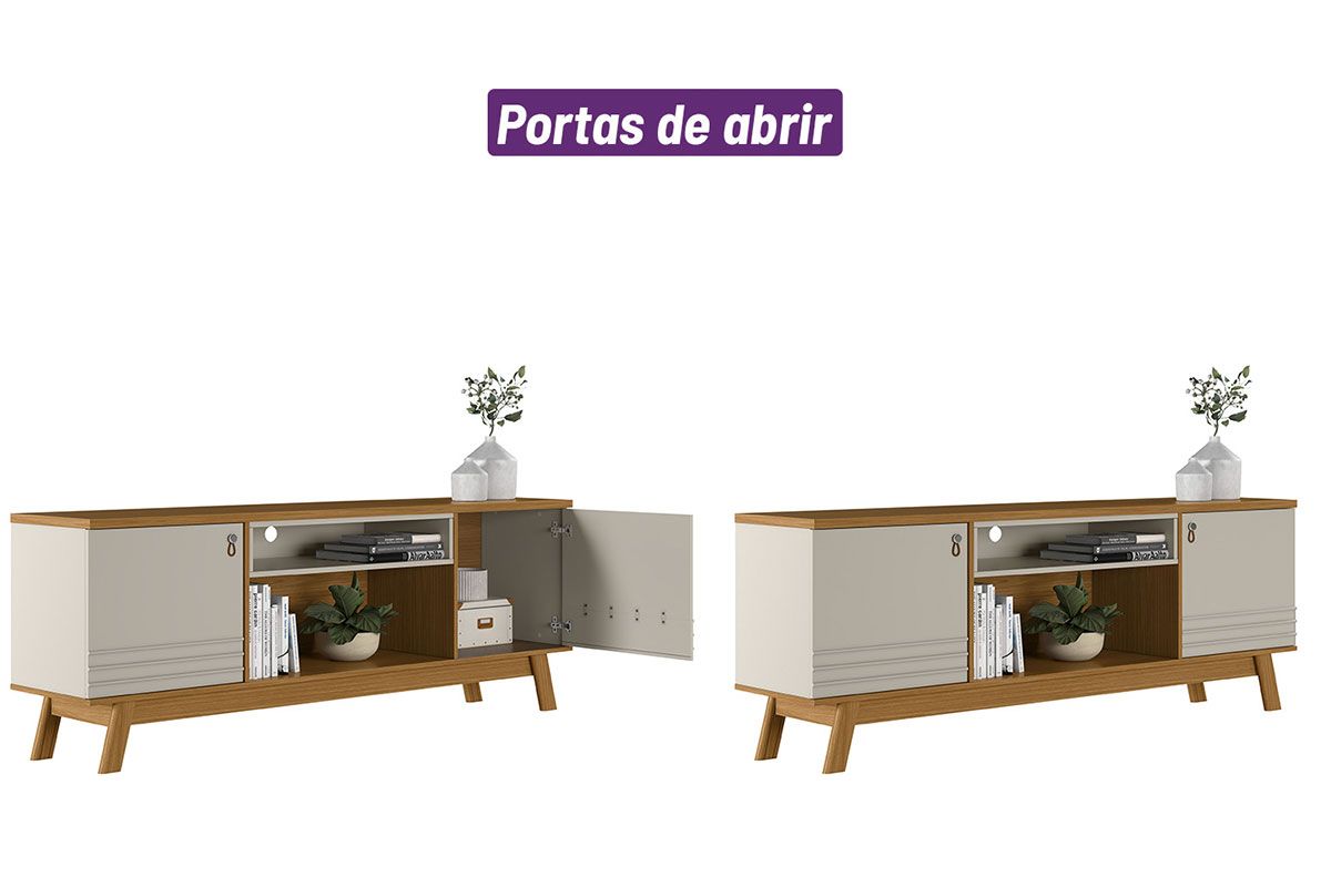 Rack Bancada p/ TV até 75 Pol Colorado 2 Ptas 1 Nicho Pés Retro 180x65cm Linea Brasil