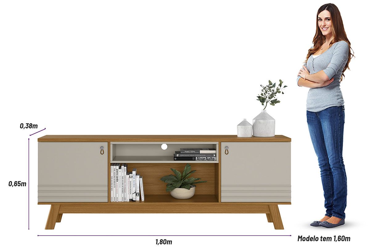 Rack Bancada p/ TV até 75 Pol Colorado 2 Ptas 1 Nicho Pés Retro 180x65cm Linea Brasil