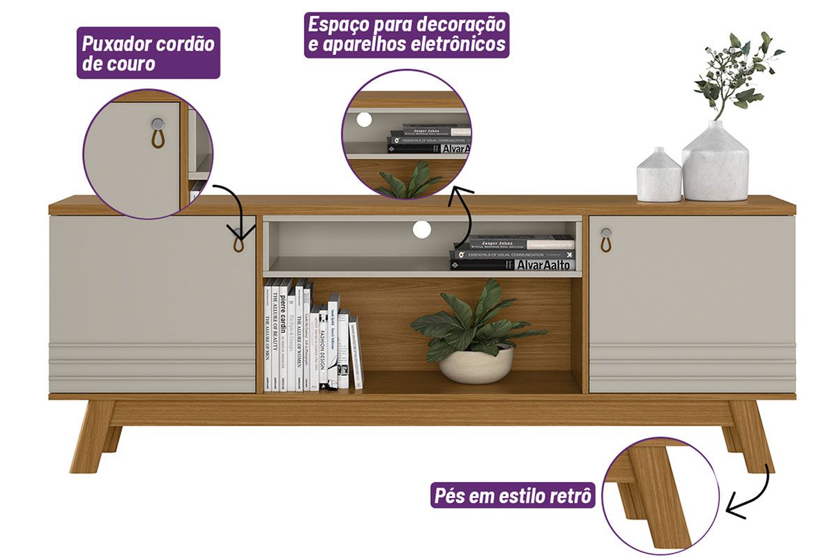 Rack Bancada p/ TV até 75 Pol Colorado 2 Ptas 1 Nicho Pés Retro 180x65cm Linea Brasil