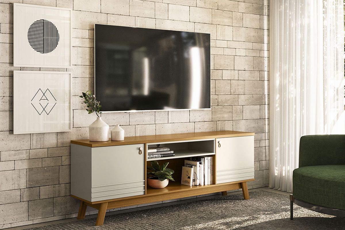 Rack Bancada p/ TV até 75 Pol Colorado 2 Ptas 1 Nicho Pés Retro 180x65cm Linea BrasilNature/Off White