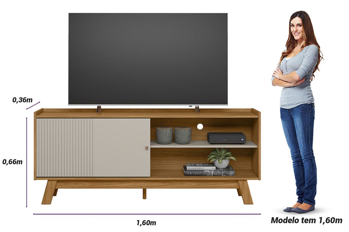 Rack Bancada p/ TV até 65 Pol Aurum 1 Pta 1 Prat c/Pés 160x66cm Linea Brasil