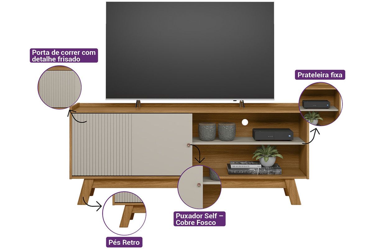 Rack Bancada p/ TV até 65 Pol Aurum 1 Pta 1 Prat c/Pés 160x66cm Linea Brasil