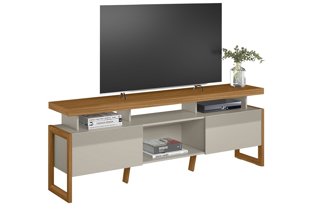 Rack Bancada p/ TV até 70 Pol Esmeralda 2 Ptas 1 Nicho c/Pés 180x65cm Linea BrasilNature/Off White Rack Bancada p/ TV até 70 Pol Esmeralda 2 Ptas 1 Nicho c/Pés 180x65cm Linea BrasilNature/Off White