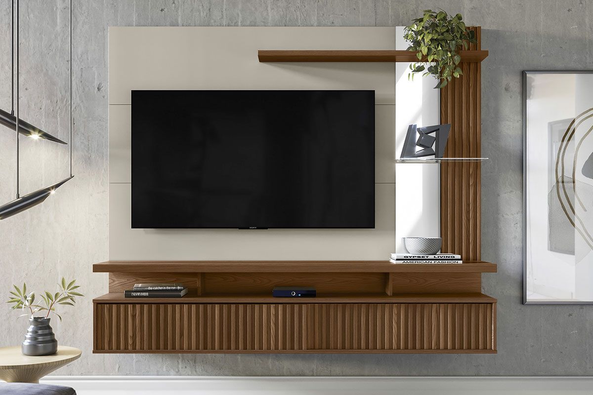 Painel Home p/ TV até 60 Pol Maragogi Ripado 2 Ptas Correr 2 Prat 182X154cm Linea Brasil