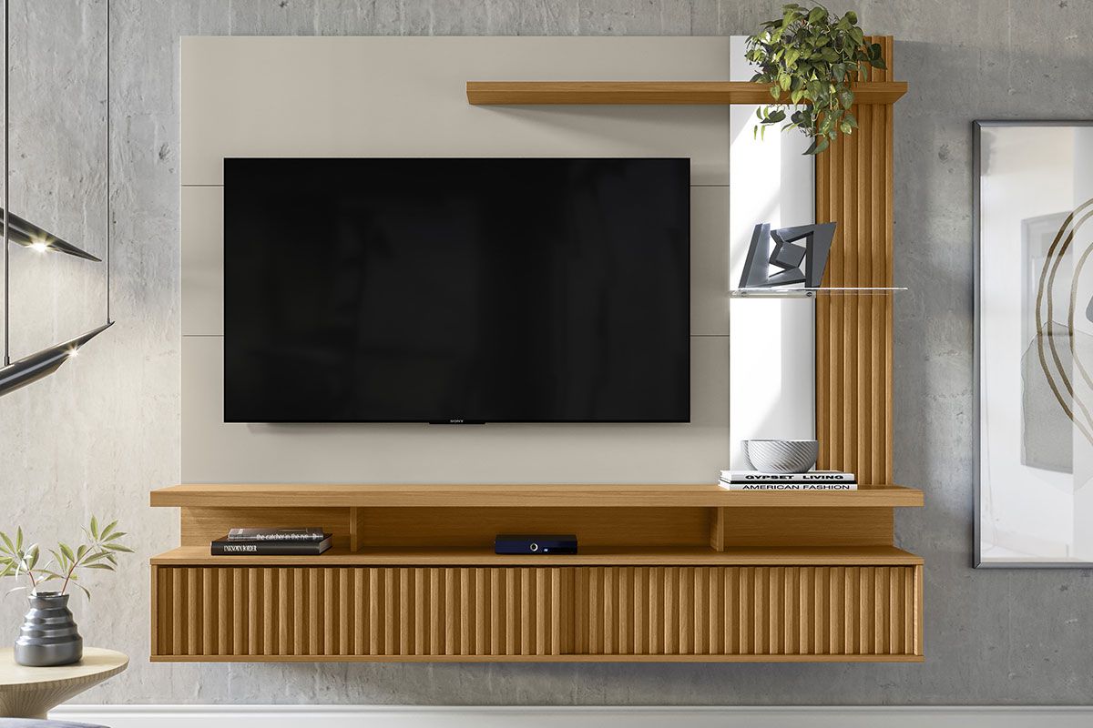 Painel Home p/ TV até 60 Pol Maragogi Ripado 2 Ptas Correr 2 Prat 182X154cm Linea Brasil