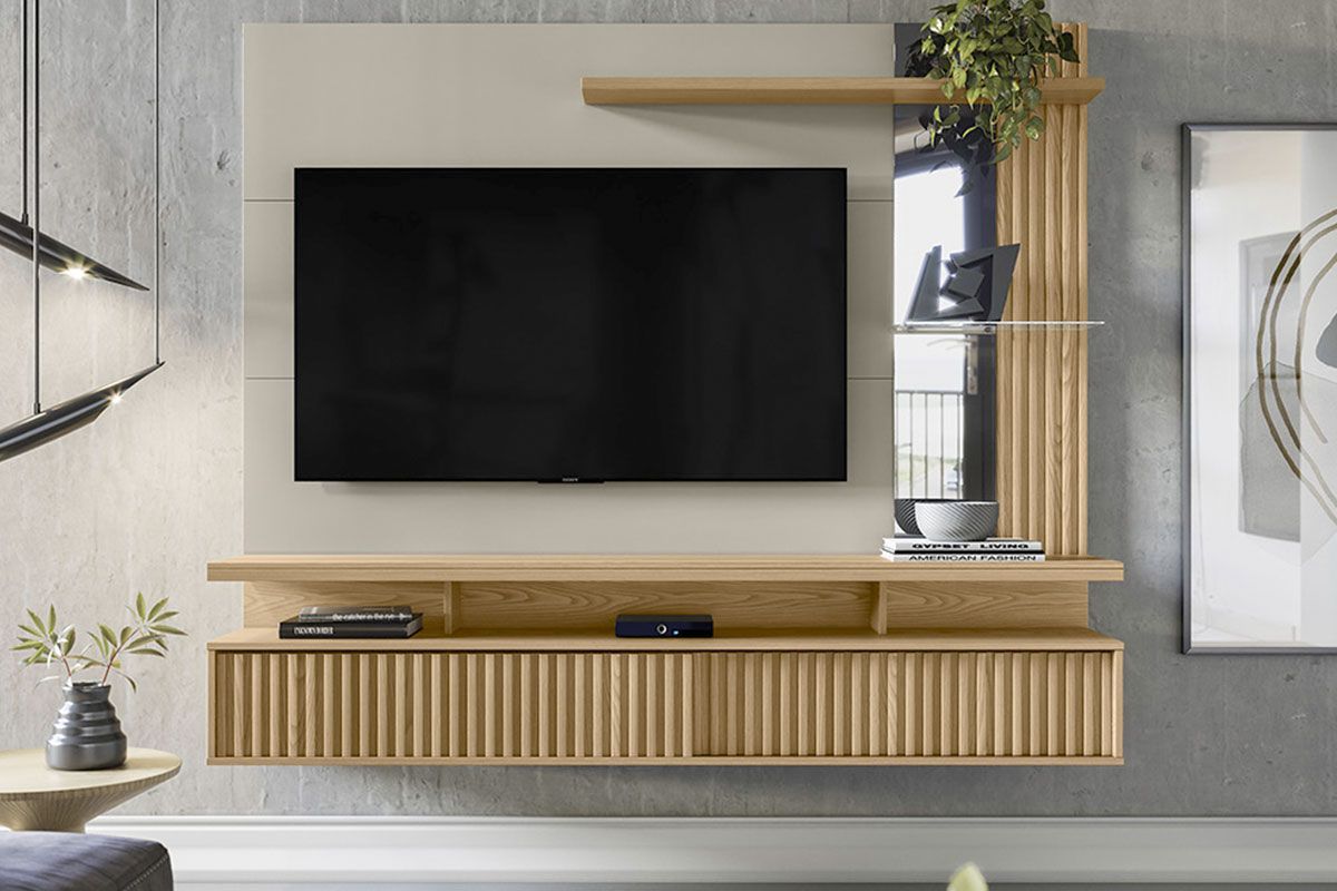 Painel Home p/ TV até 60 Pol Maragogi Ripado 2 Ptas Correr 2 Prat 182X154cm Linea Brasil