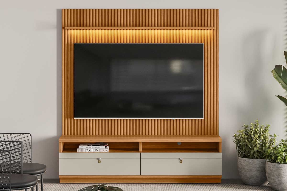 Home p/ TV até 75 Pol Ouro Preto Ripado c/2Gav. 1Prat. e Leds 180x198cm Linea BrasilNature/Off White