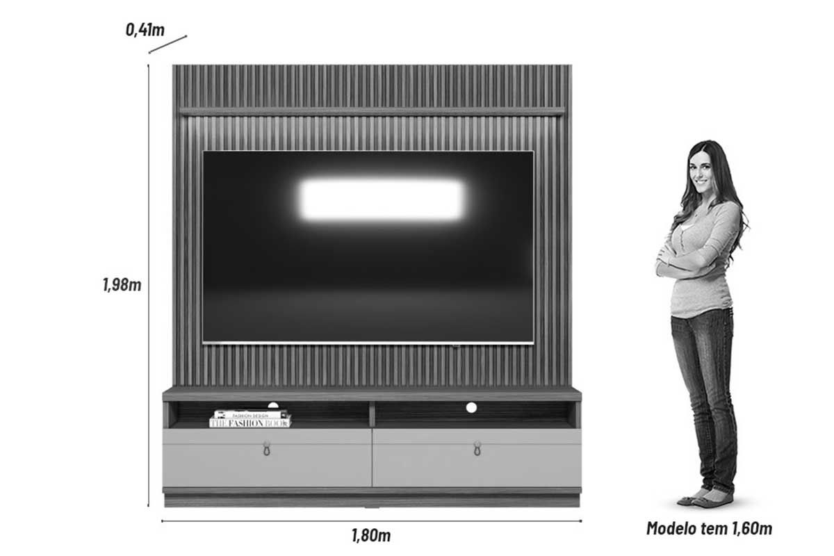 Home p/ TV até 75 Pol Ouro Preto Ripado c/2Gav. 1Prat. e Leds 180x198cm Linea Brasil
