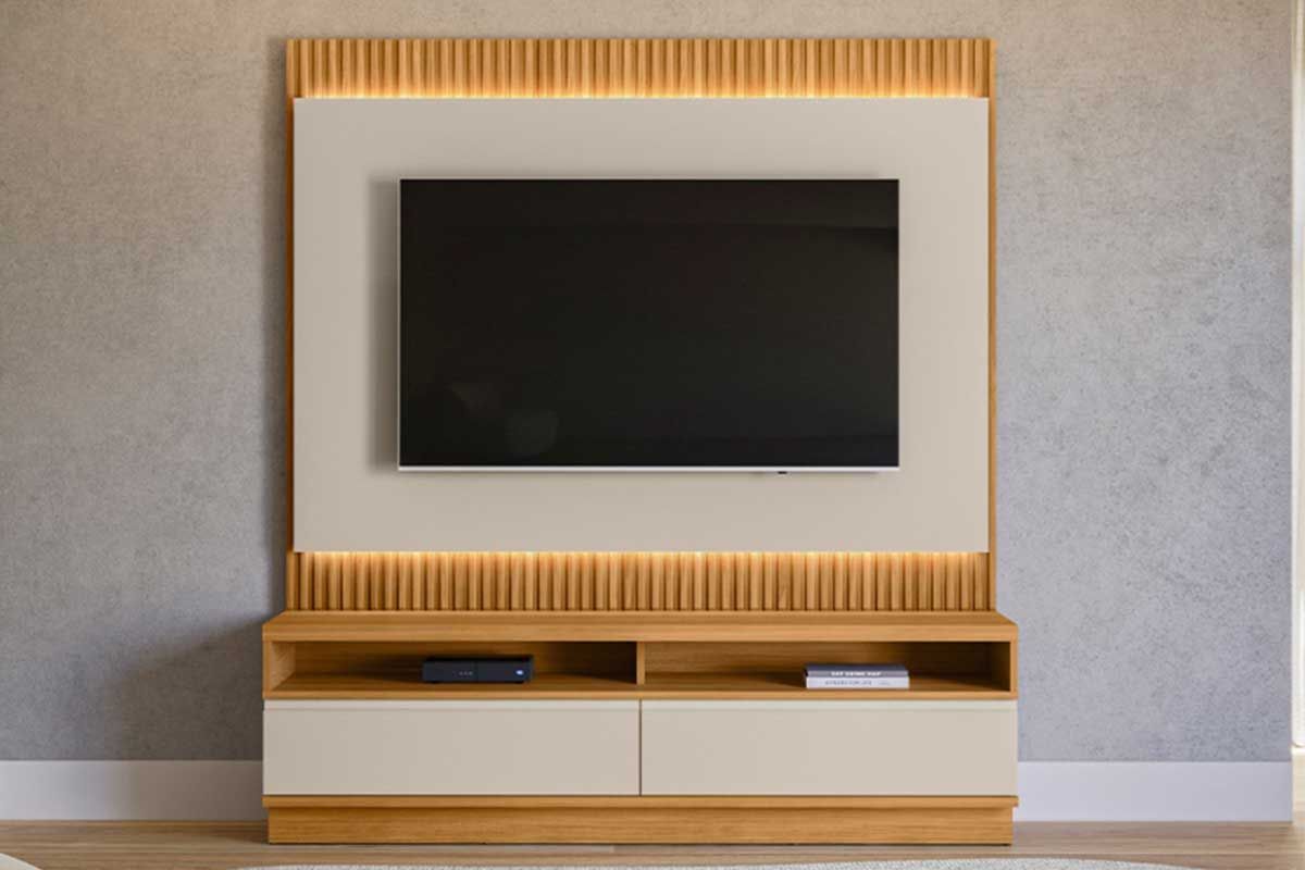 Home p/ TV até 70 Pol São Paulo Ripado c/2 Gavetas e Leds 180x198cm Linea BrasilTauari/Off White Fosco