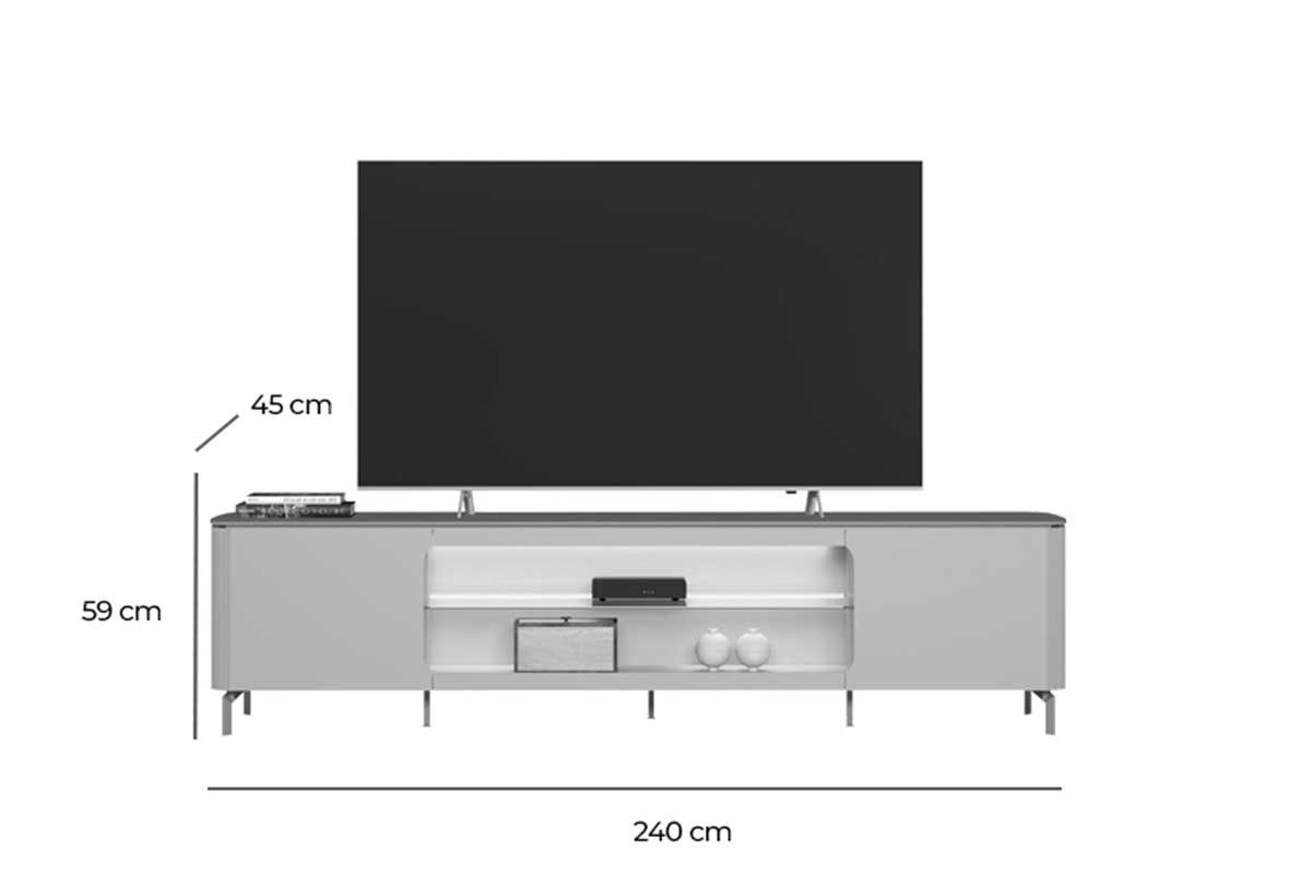 Rack Bancada p/ TV até 85 Pol Santorini Organico 2 Ptas 1 Prat Vidro c/Leads 239x59cm Linea Brasil