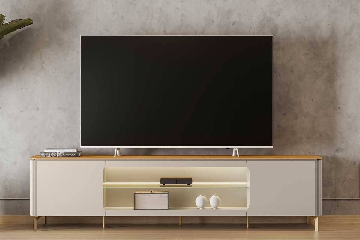 Rack Bancada p/ TV até 85 Pol Santorini Organico 2 Ptas 1 Prat Vidro c/Leads 239x59cm Linea Brasil