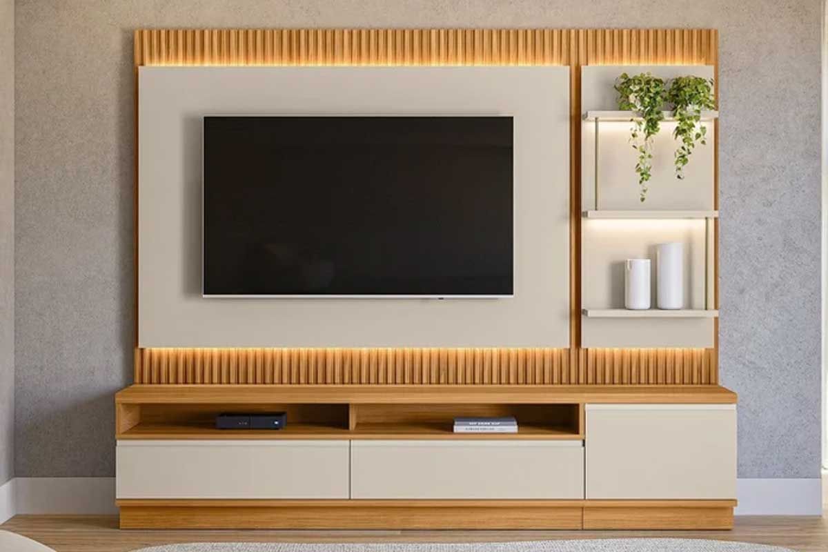 Rack Bancada p/ TV São Paulo Ripado Modular c/1 Gav. 3 Prateleiras e Leds 058x198cm Linea Brasil