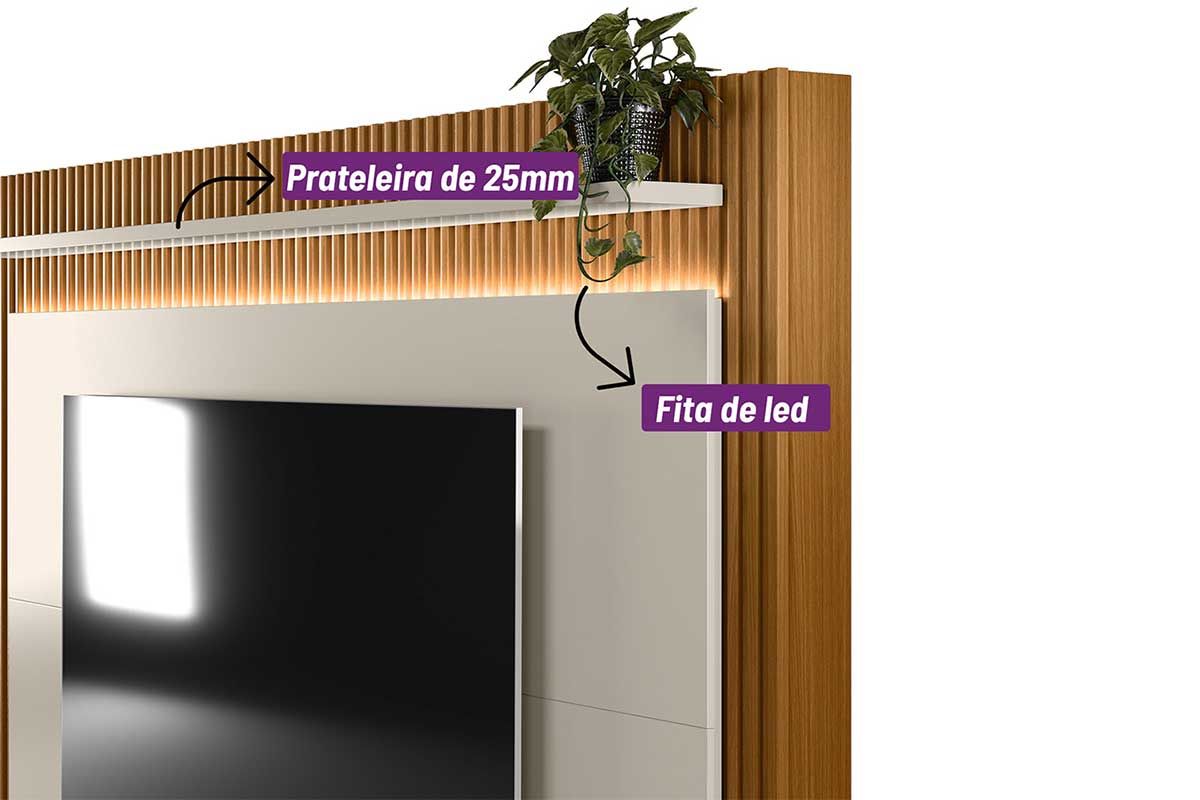Home p/ TV até 75 Pol Guararapes Ripado c/2 Portas 2 Prateleiras e Leds 215x191cm Linea Brasil