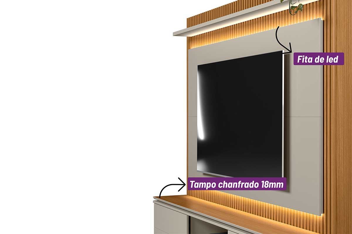 Home p/ TV até 75 Pol Guararapes Ripado c/2 Portas 2 Prateleiras e Leds 215x191cm Linea Brasil