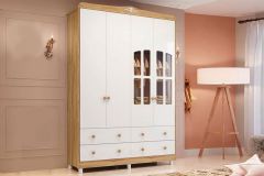 Guarda Roupa Infantil c/4 Portas (2 Cristal) e 4 Gavetas Êlo Peroba - Branco/Amendoa