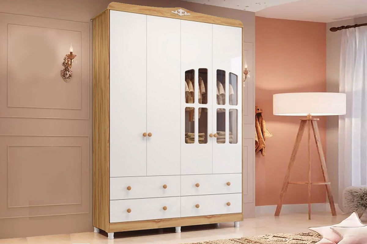 Guarda Roupa Infantil c/4 Portas (2 Cristal) e 4 Gavetas Êlo PerobaBranco/Amendoa Guarda Roupa Infantil c/4 Portas (2 Cristal) e 4 Gavetas Êlo PerobaBranco/Amendoa