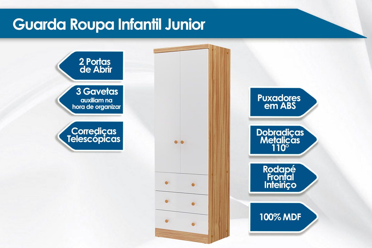 Guarda Roupa Infantil c/2 Portas e 3 Gavetas Júnior Peroba Guarda Roupa Infantil c/2 Portas e 3 Gavetas Júnior Peroba