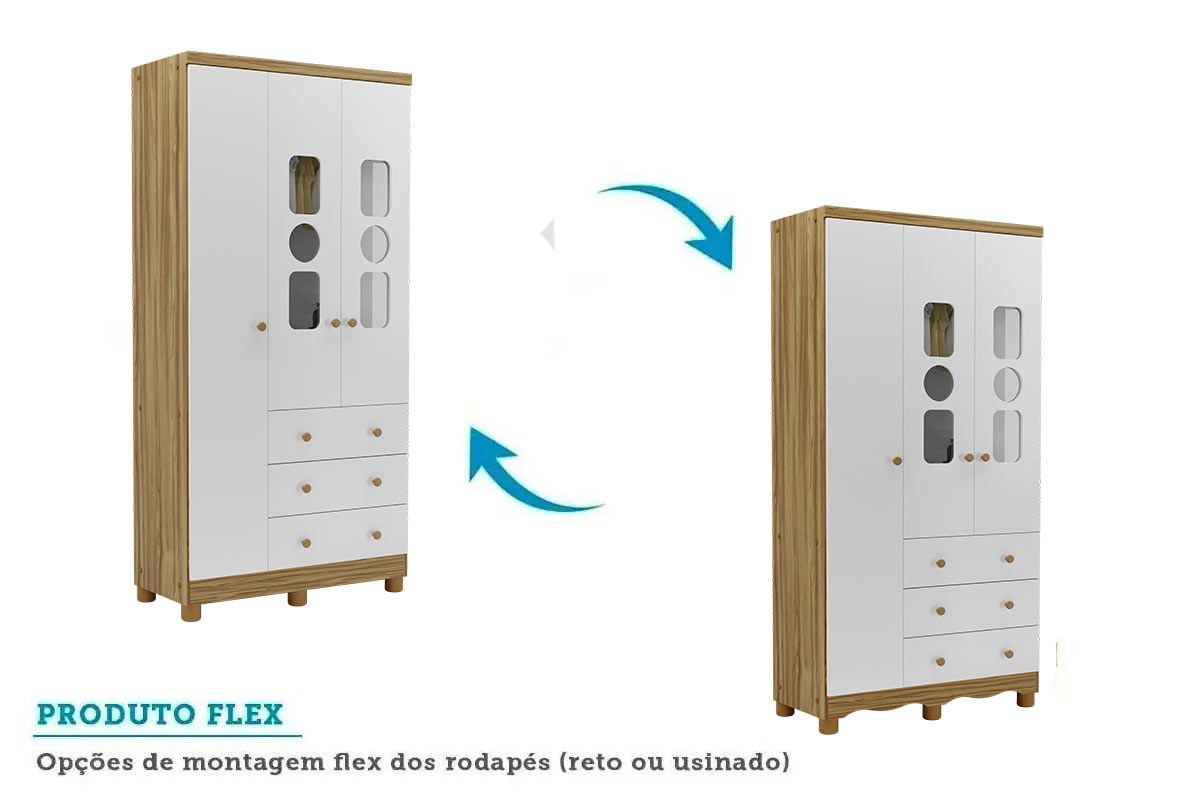 Guarda Roupa Infantil c/3 Portas (2 Cristal) e 3 Gavetas Tedy Peroba