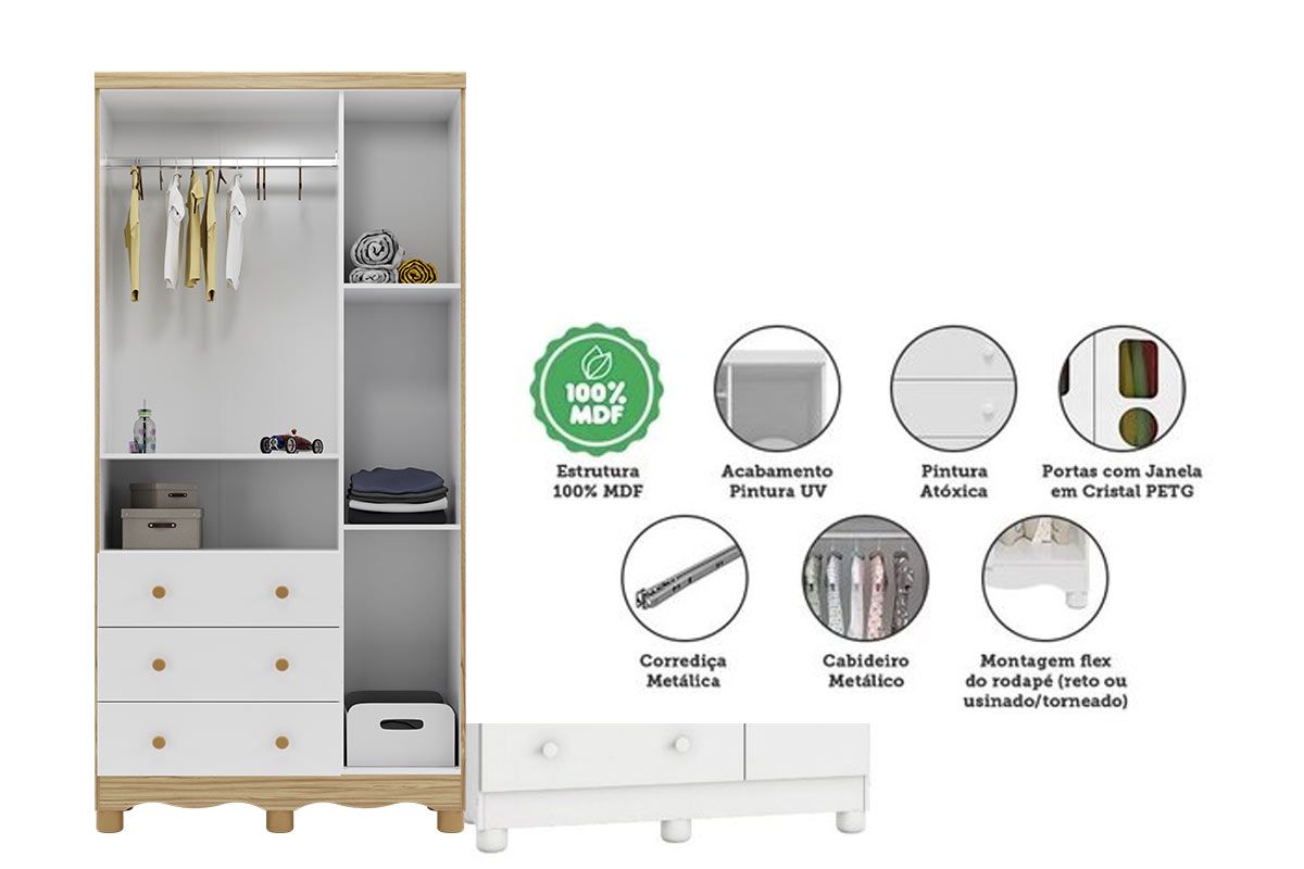Guarda Roupa Infantil c/3 Portas (2 Cristal) e 3 Gavetas Tedy Peroba