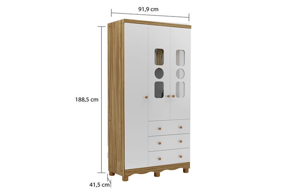 Guarda Roupa Infantil c/3 Portas (2 Cristal) e 3 Gavetas Tedy Peroba