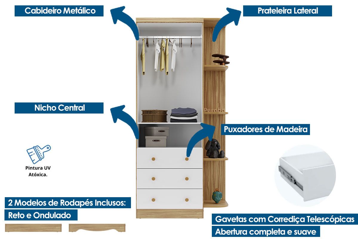 Guarda Roupa Infantil c/2 Portas Cristal 3 Prateleiras e 3 Gavetas Uli Peroba