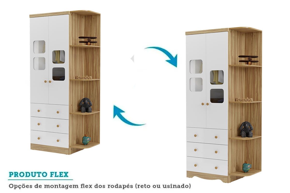 Guarda Roupa Infantil c/2 Portas Cristal 3 Prateleiras e 3 Gavetas Uli Peroba