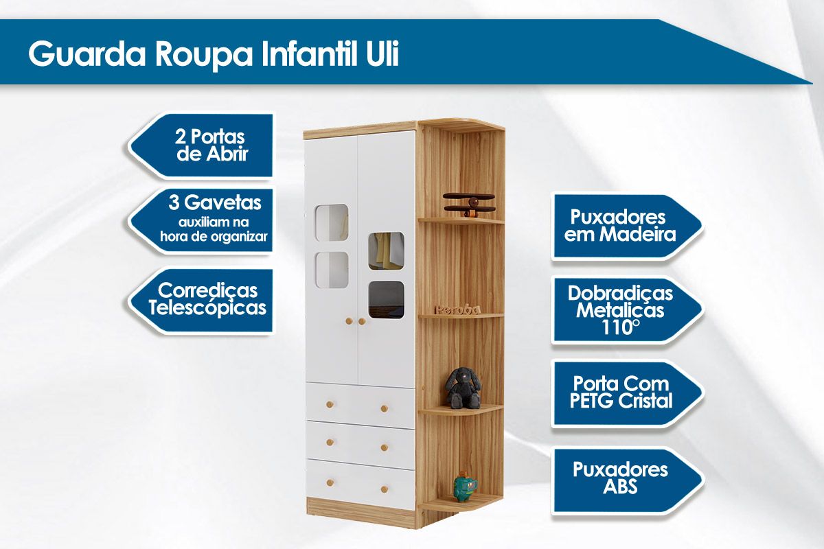 Guarda Roupa Infantil c/2 Portas Cristal 3 Prateleiras e 3 Gavetas Uli Peroba