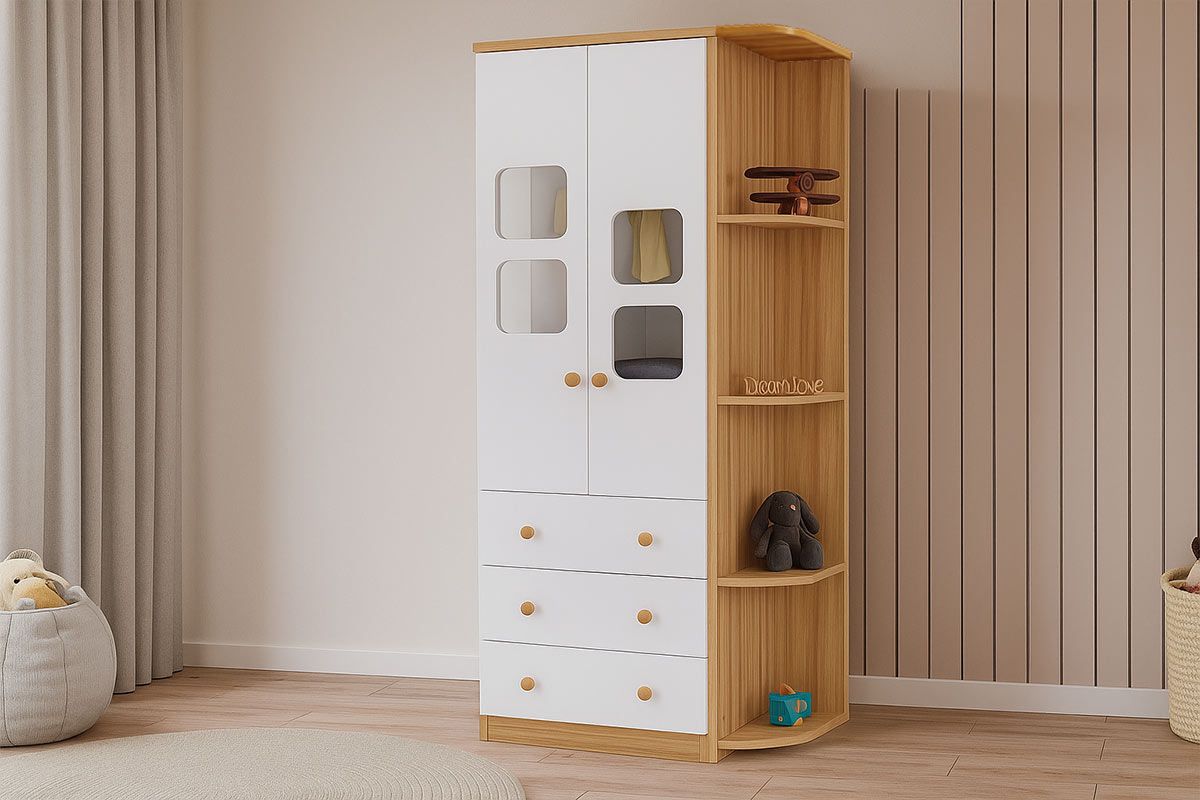 Guarda Roupa Infantil c/2 Portas Cristal 3 Prateleiras e 3 Gavetas Uli Peroba