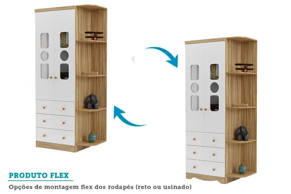 Guarda Roupa Infantil c/2 Portas Cristal e 3 Gavetas Tedy Peroba
