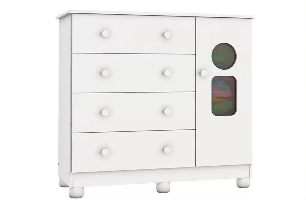 Cômoda Infantil Tedy c/1 Porta Cristal e 4 Gavetas - PerobaBranco Cômoda Infantil Tedy c/1 Porta Cristal e 4 Gavetas - PerobaBranco