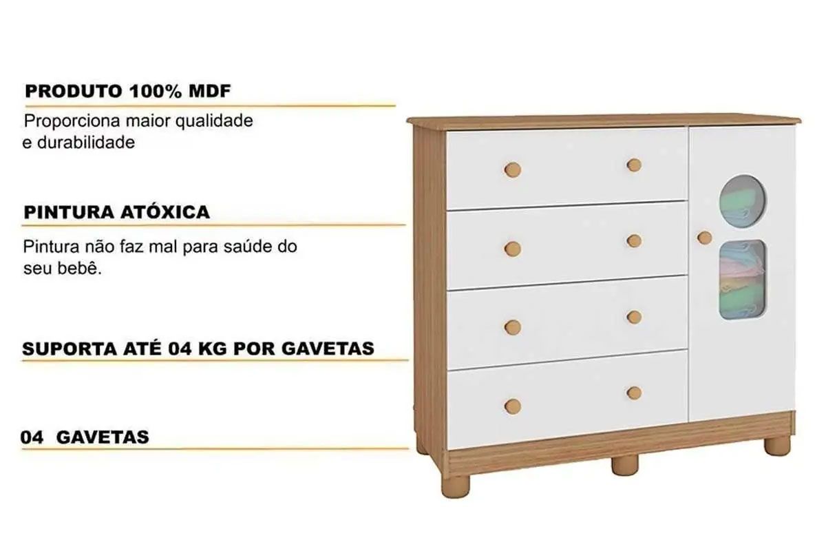 Cômoda Infantil Tedy c/1 Porta Cristal e 4 Gavetas - Peroba Cômoda Infantil Tedy c/1 Porta Cristal e 4 Gavetas - Peroba