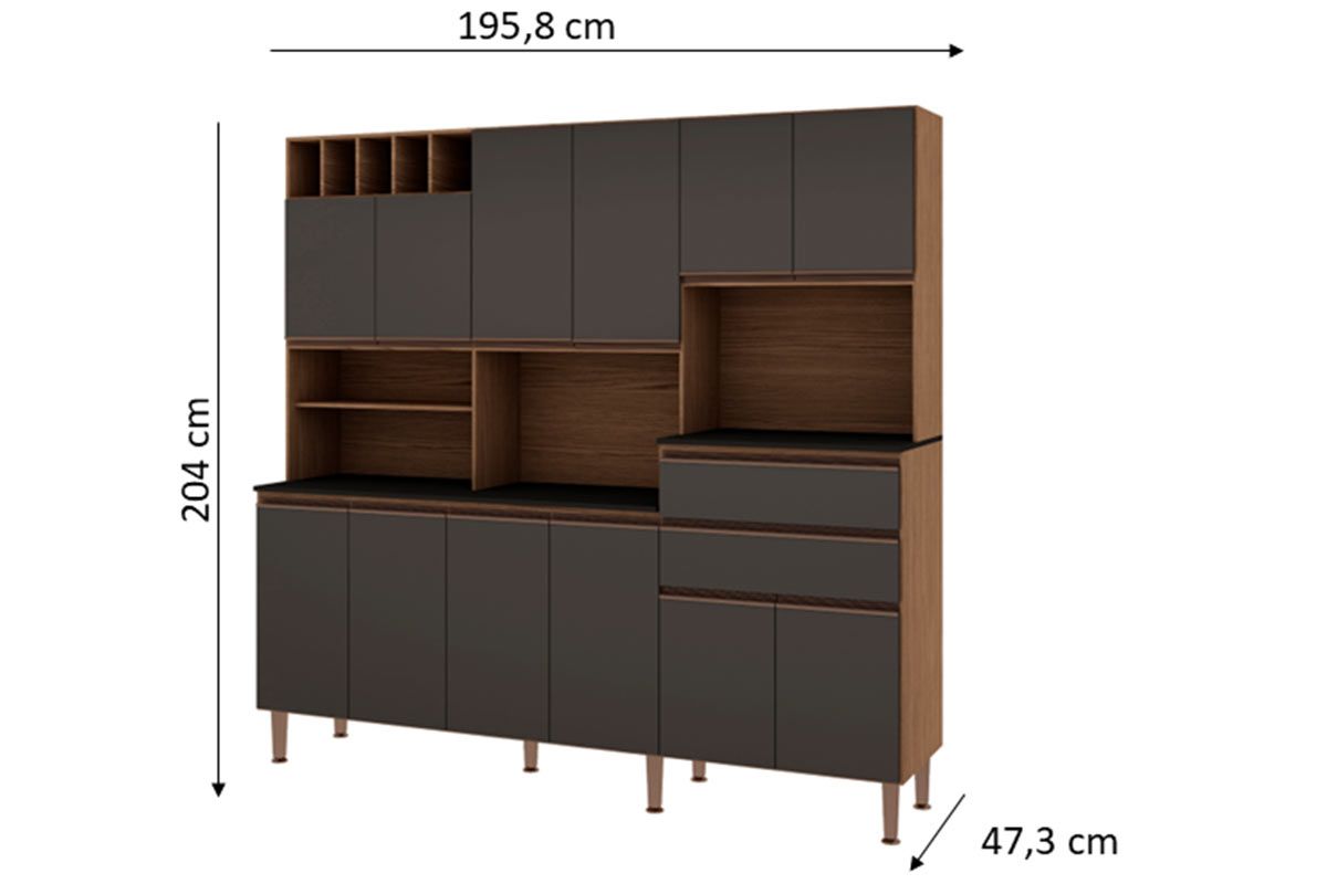 Cozinha Compacta Genialflex Malbec Prime c/12 Portas e 2 Gavetas 204cm