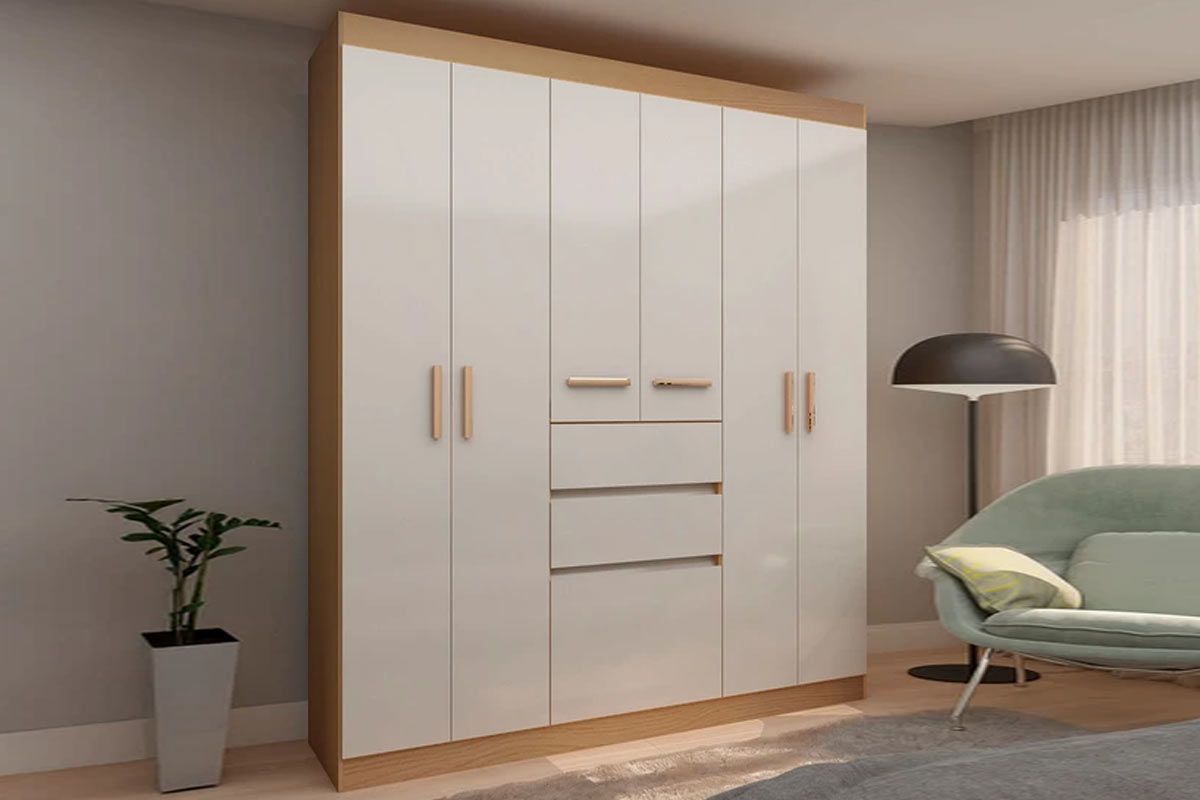 Guarda Roupa Solteiro 6 Portas e 3 Gavetas Berna GenialflexFreijo/White Laca Guarda Roupa Solteiro 6 Portas e 3 Gavetas Berna GenialflexFreijo/White Laca