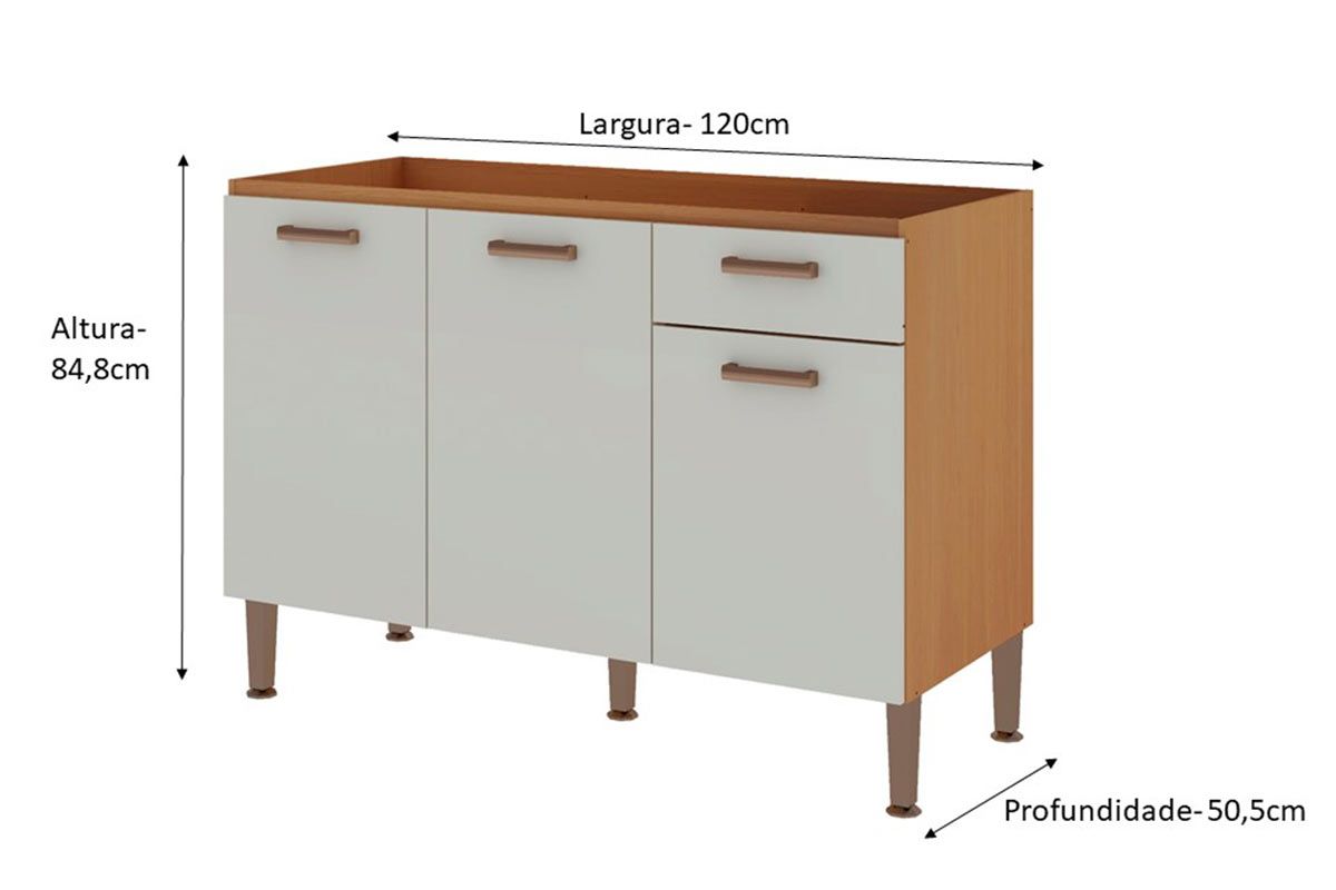 Balcão Cozinha Genialflex p/ Pia Essência c/3 Portas e 1 Gaveta s/ Tampo 120cm