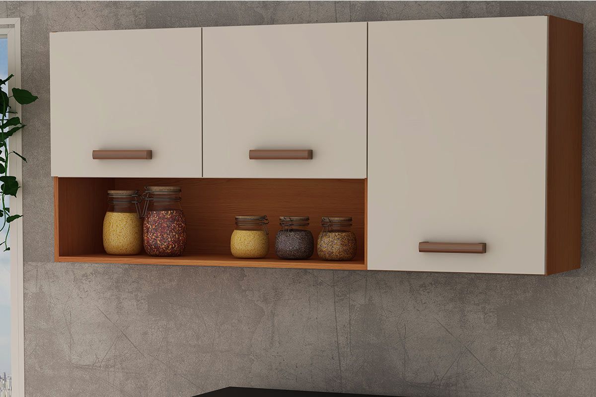 Armário Aéreo Cozinha Genialflex Essência c/3 Portas e 1 Nicho 120cmFreijo/White Laca