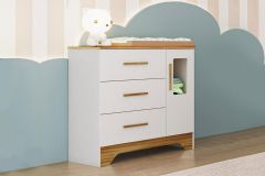 Cômoda Infantil Popy c/1 Porta Cristal e 3 Gavetas - Peroba - Branco/Amendoa
