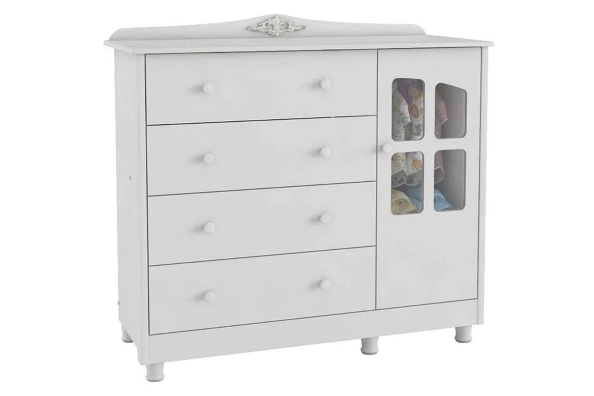 Cômoda Infantil Elô c/1 Porta Cristal e 4 Gavetas - Peroba