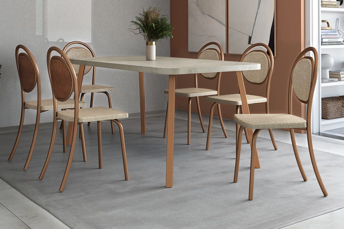 Sala Jantar Mesa Stellar 1597 Aço c/ Tampo Madeirado 160x90cm e 6 Cadeiras 1738 - Carraro