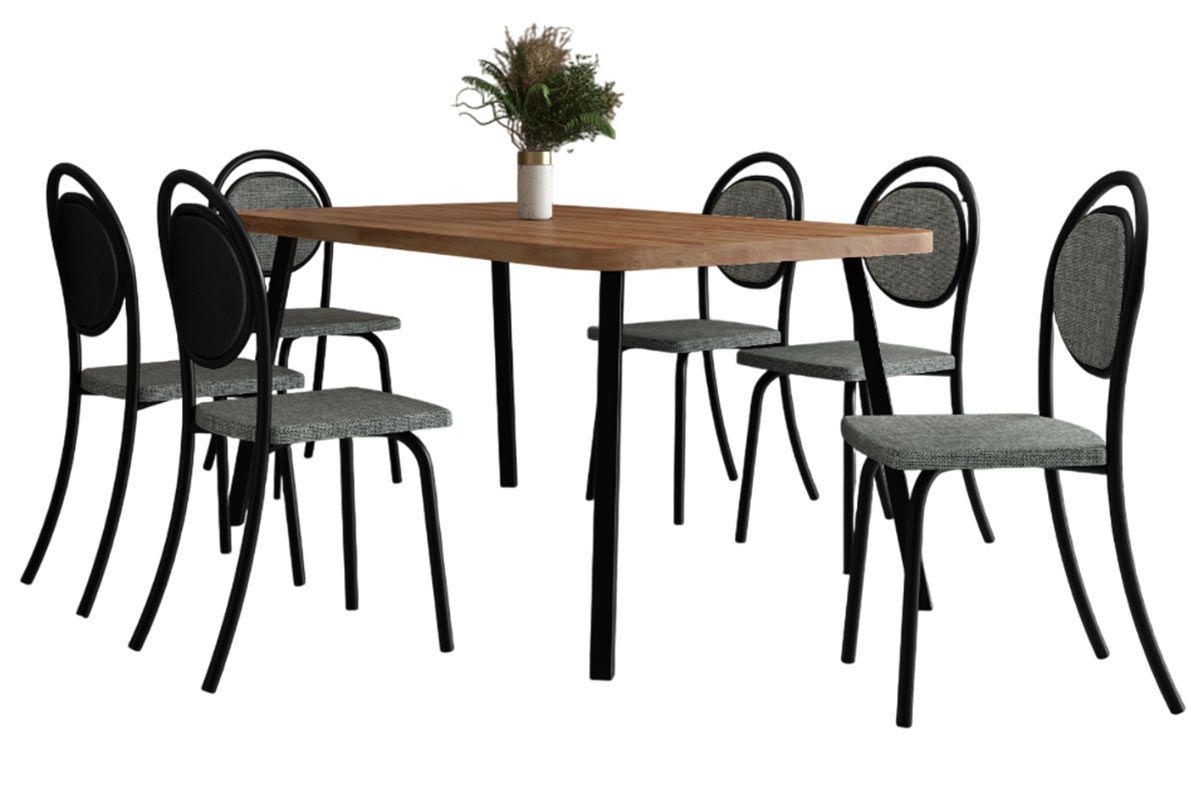 Sala Jantar Mesa Stellar 1597 Aço c/ Tampo Madeirado 160x90cm e 6 Cadeiras 1738 - Carraro