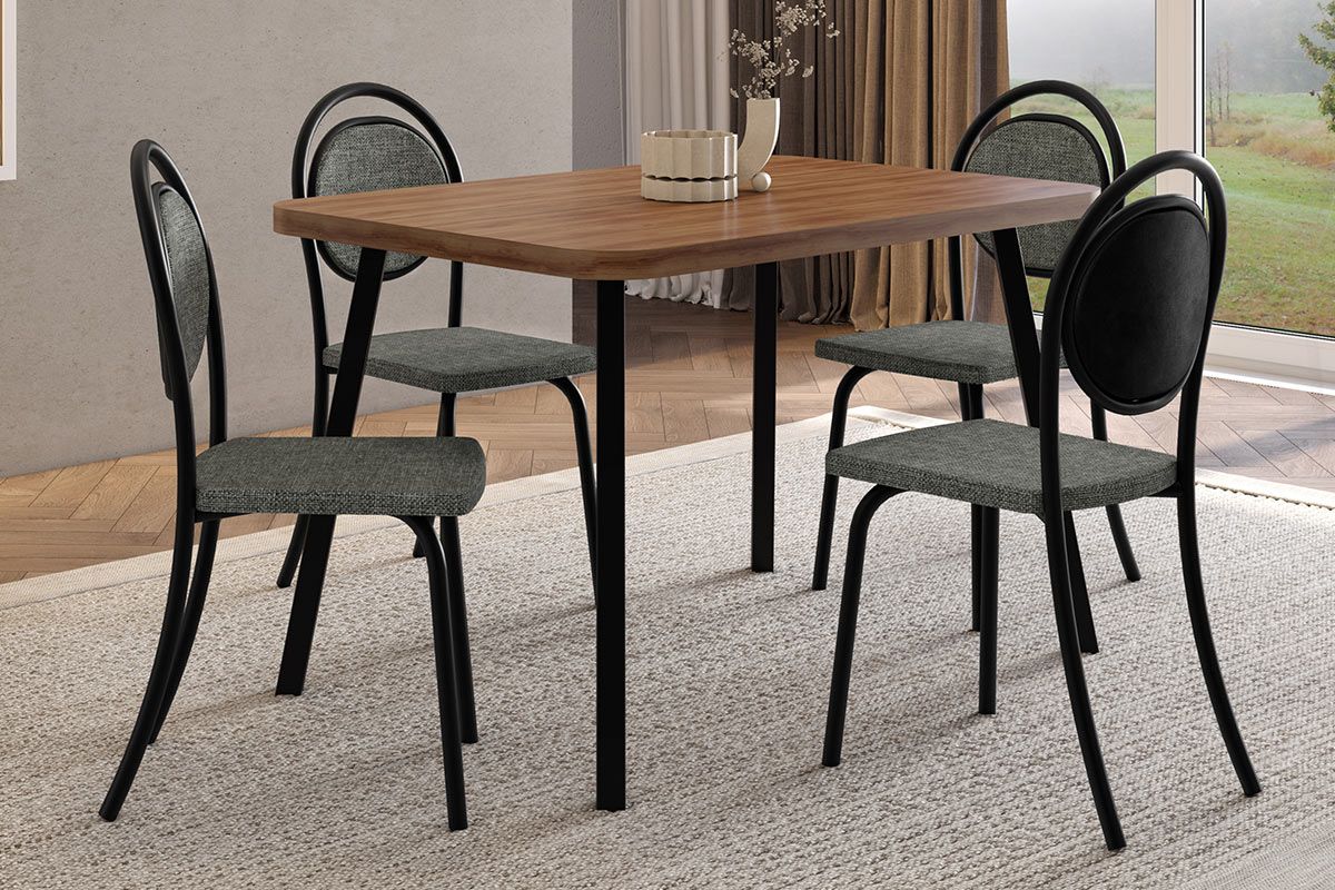 Sala Jantar Mesa Stellar 1598 Aço c/ Tampo Madeirado 120x80cm e 4 Cadeiras 1738 - Carraro