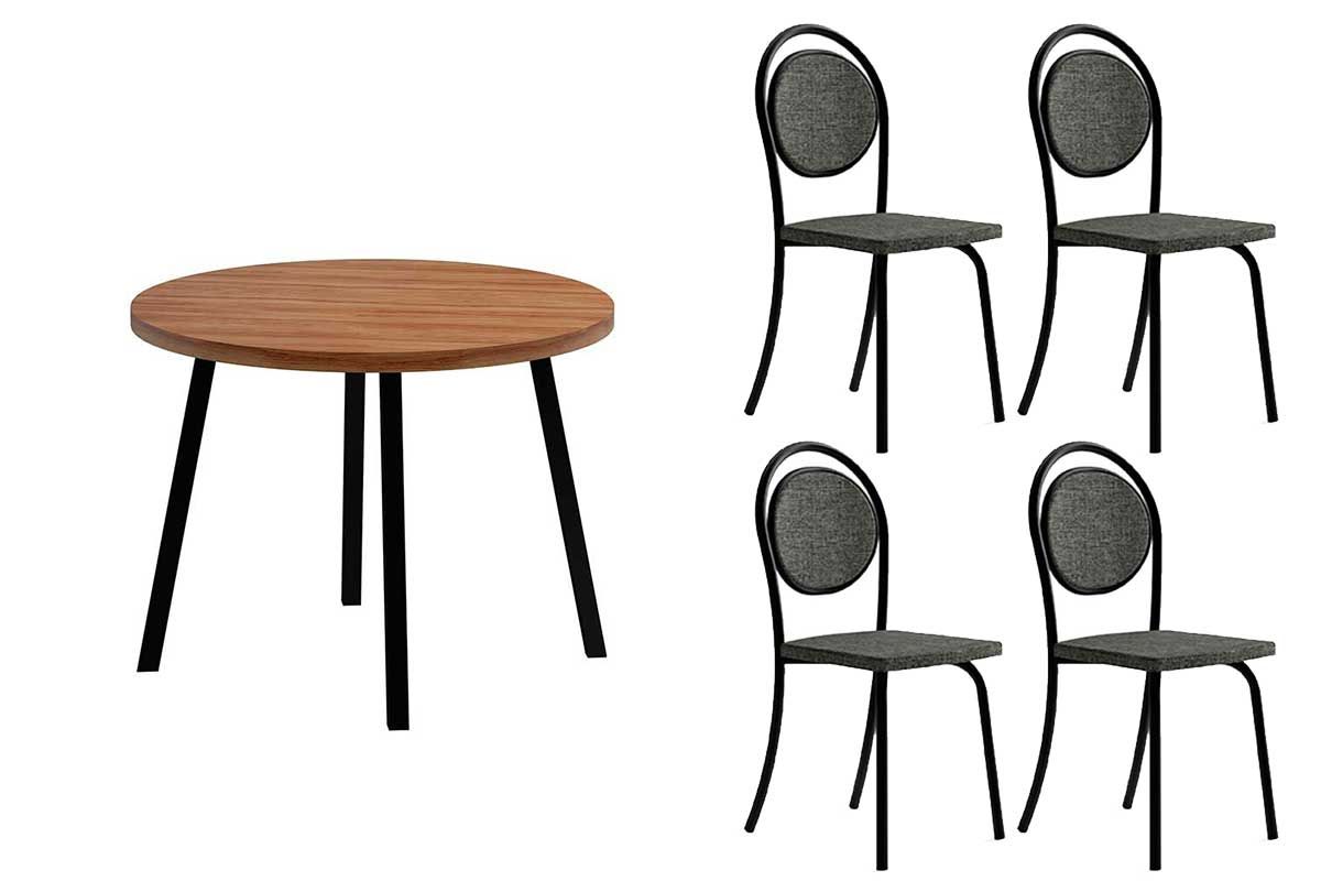 Sala Jantar Mesa Stellar 1599 Aço c/ Tampo Madeirado 100x100cm e 4 Cadeiras 1738 - Carraro