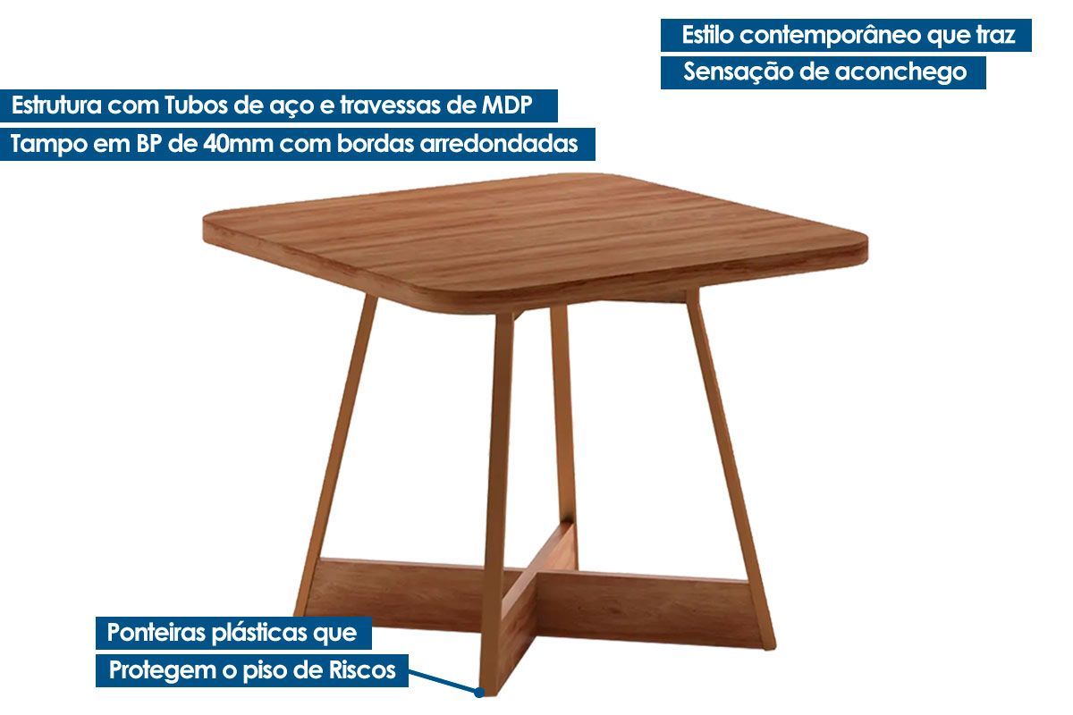 Sala de Jantar Completa Átria 1593 Aço c/ Tampo Madeirado 90x90cm e 4 Cadeiras Hug - Carraro