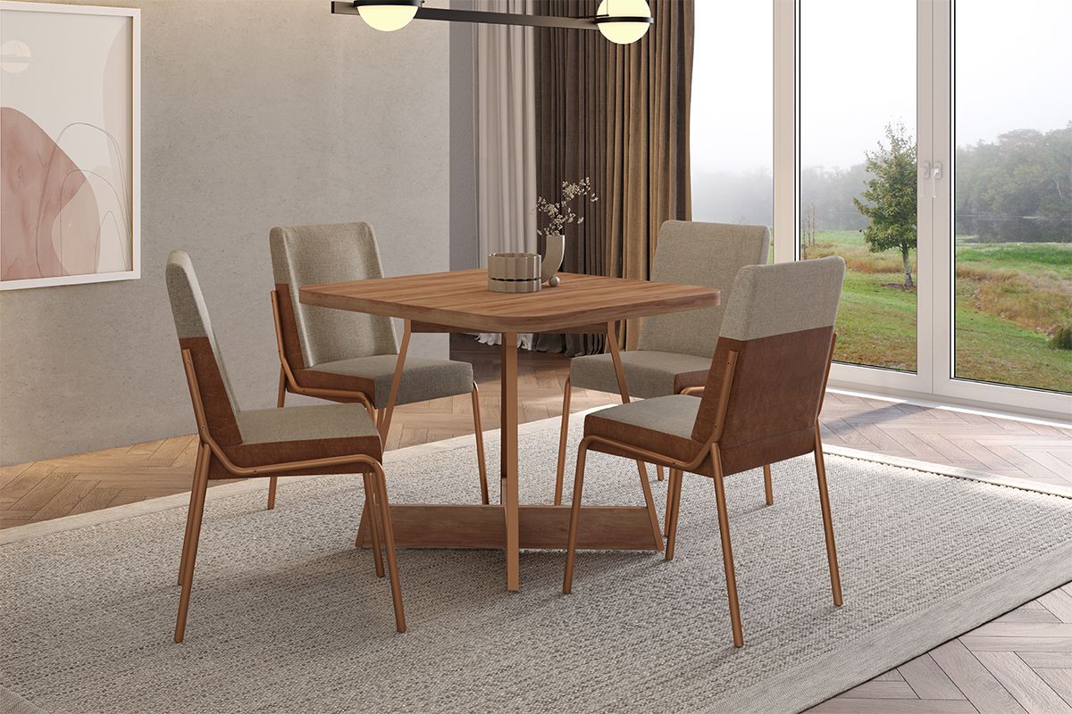 Sala de Jantar Completa Átria 1593 Aço c/ Tampo Madeirado 90x90cm e 4 Cadeiras Hug - Carraro