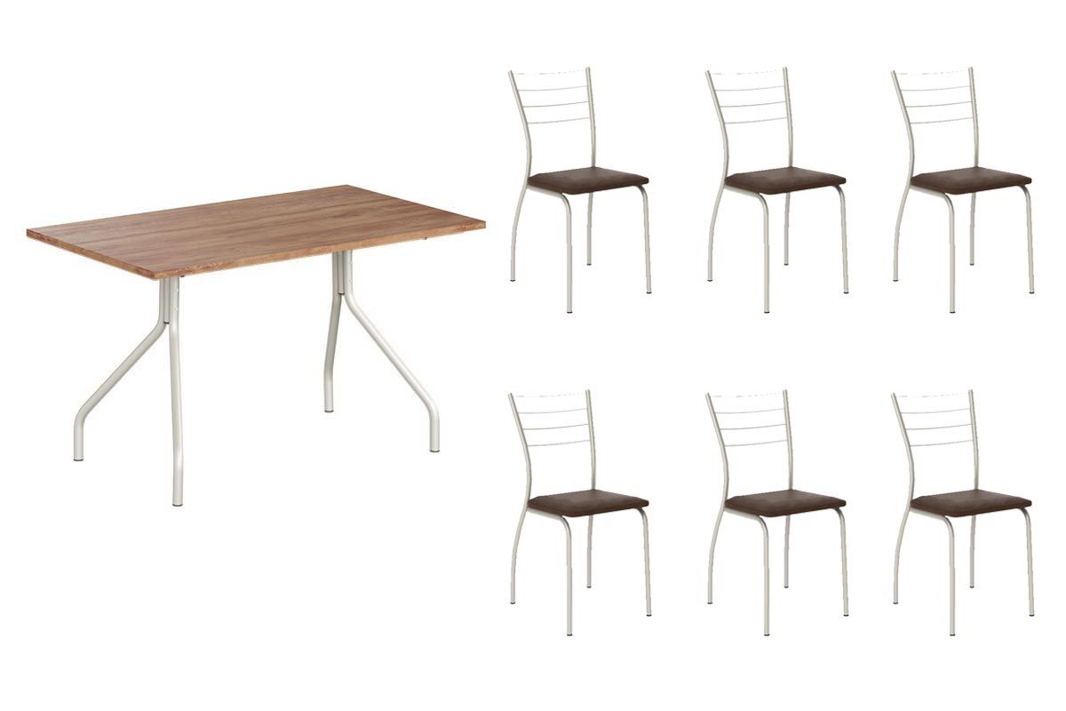 Sala Jantar Mesa 1556 Aço 136cm + 6 Cadeiras 1700 - Carraro