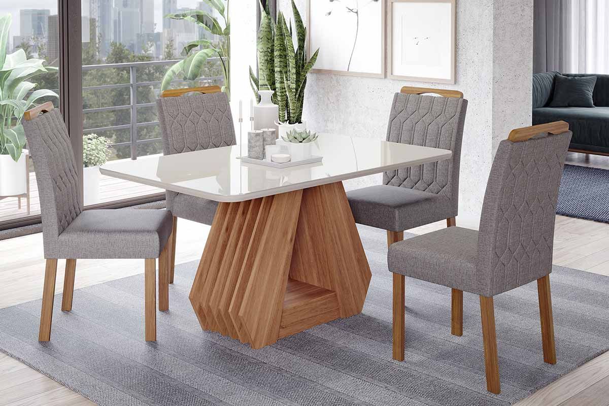 Sala Jantar Mesa Ágata Tampo Madeirado c/ Vidro 130x80cm e 4 Cadeiras Paola - Cimol