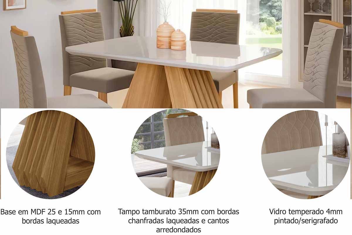 Sala Jantar Mesa Ágata Tampo Madeirado c/ Vidro 130x80cm e 4 Cadeiras Paola - Cimol