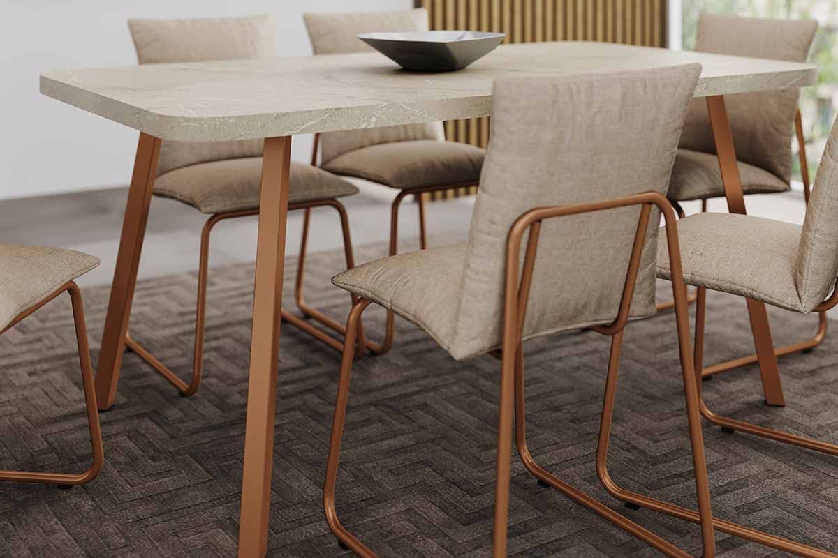 Sala Jantar Mesa Stellar 1597 Aço c/ Tampo Madeirado 160x90cm e 6 Cadeiras Soft - Carraro