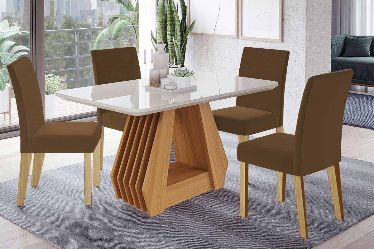 Sala Jantar Mesa Ágata Tampo Madeirado c/ Vidro 130x80cm e 4 Cadeiras Maia - Cimol